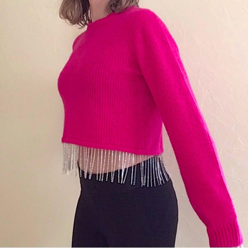 House of Harlow 1960 | Fuchsia Rhinestone Detail Sweater | Hot Pink Barbie Pink - Picture 9 of 12